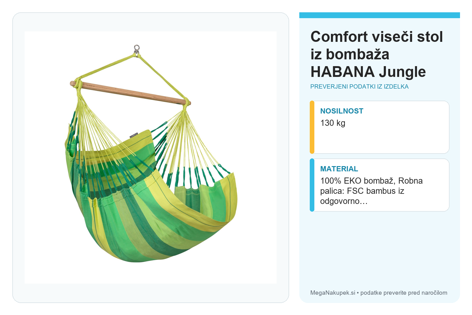 Comfort viseči stol iz bombaža HABANA Jungle – infografika s preverjenimi podatki