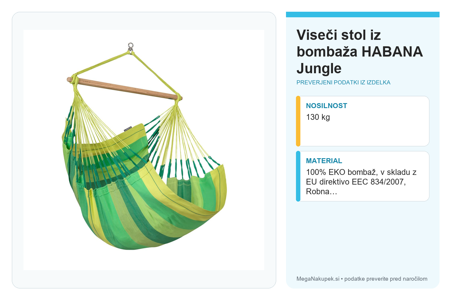 Viseči stol iz bombaža HABANA Jungle – infografika s preverjenimi podatki