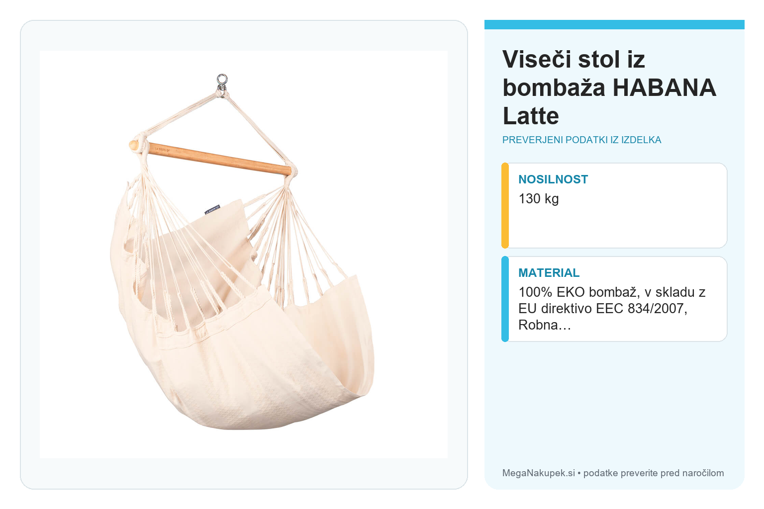 Viseči stol iz bombaža HABANA Latte – infografika s preverjenimi podatki