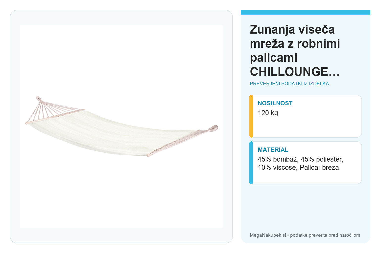 Zunanja viseča mreža z robnimi palicami CHILLOUNGE Beach – infografika s preverjenimi podatki
