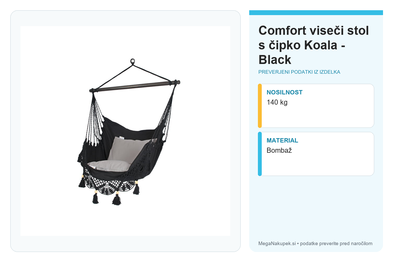 Comfort viseči stol s čipko Koala - Black – infografika s tehničnimi podatki