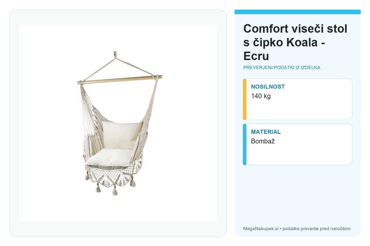 Comfort viseči stol s čipko Koala - Ecru – infografika s tehničnimi podatki