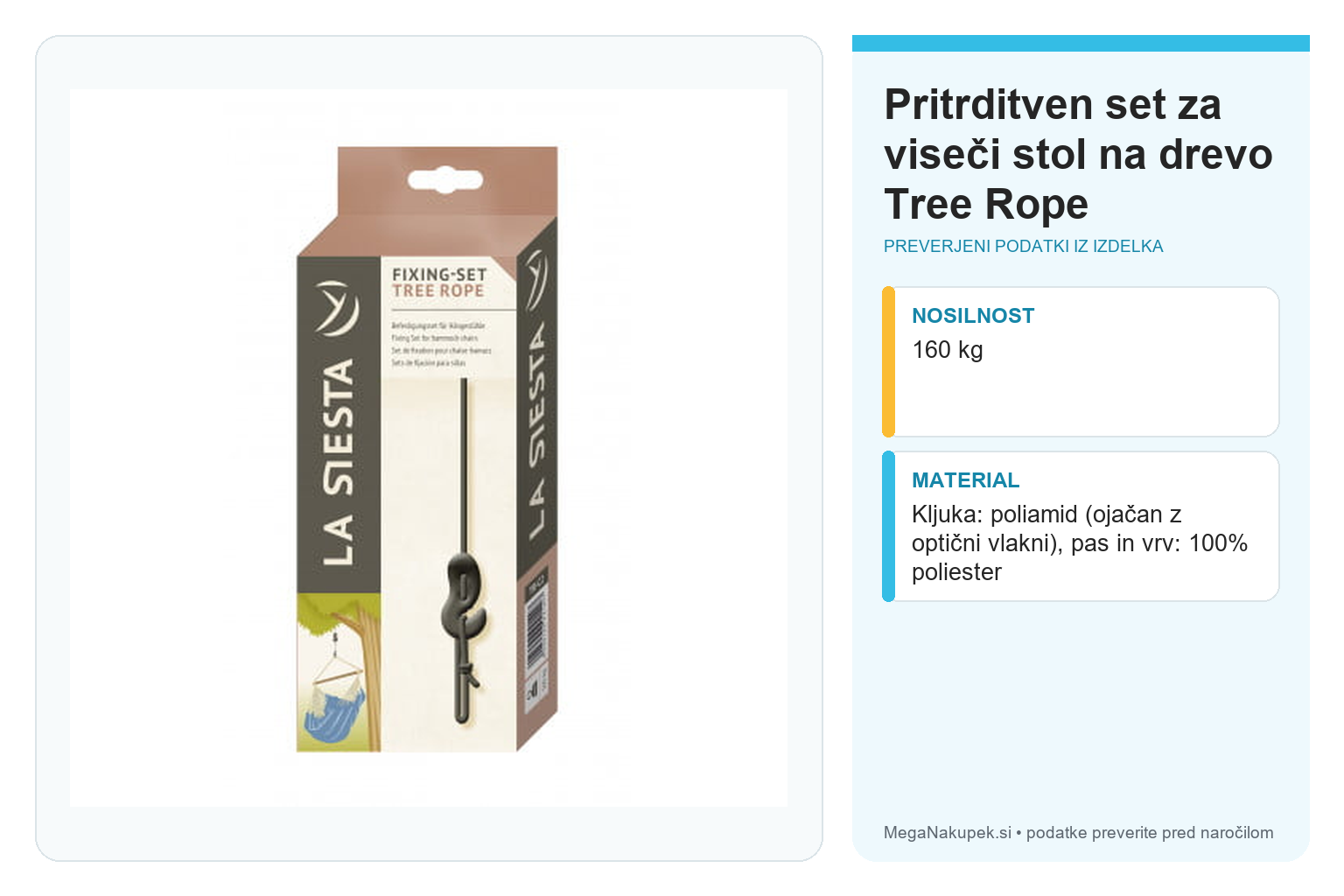 Pritrditven set za viseči stol na drevo Tree Rope – infografika s preverjenimi podatki