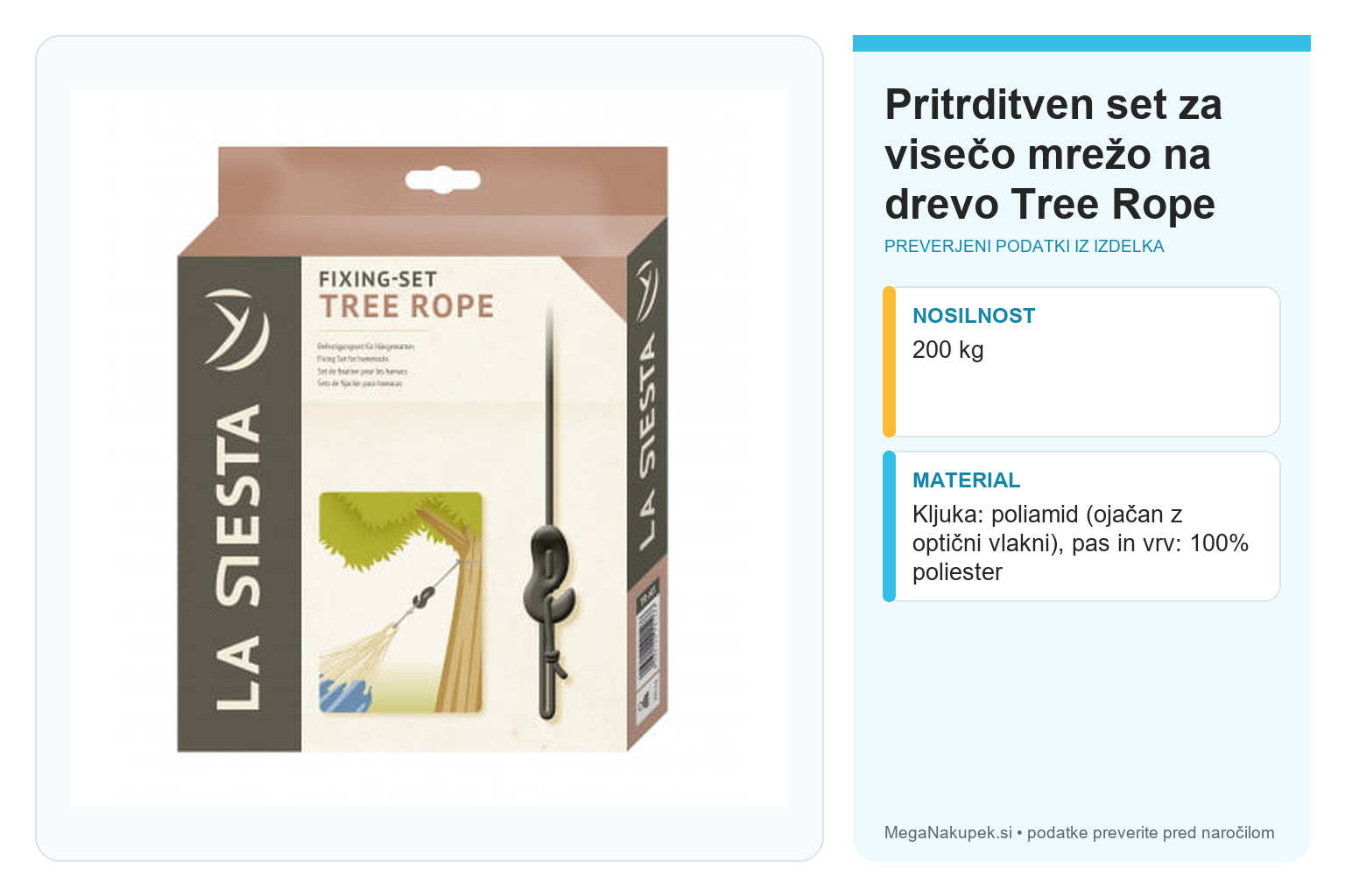 Pritrditven set za visečo mrežo na drevo Tree Rope – infografika s preverjenimi podatki