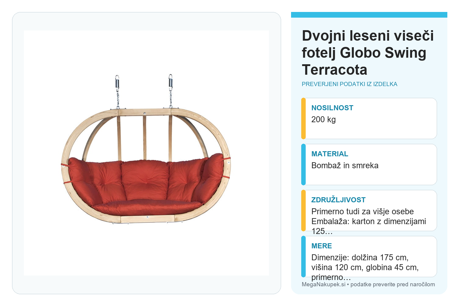 Dvojni leseni viseči fotelj Globo Swing Terracota – infografika s tehničnimi podatki