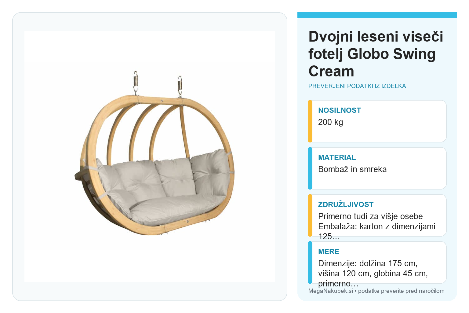 Dvojni leseni viseči fotelj Globo Swing Cream – infografika s tehničnimi podatki