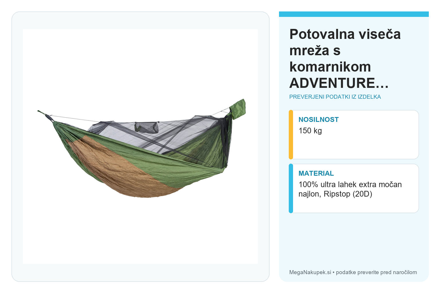 Potovalna viseča mreža s komarnikom ADVENTURE HERO XXL – infografika s preverjenimi podatki