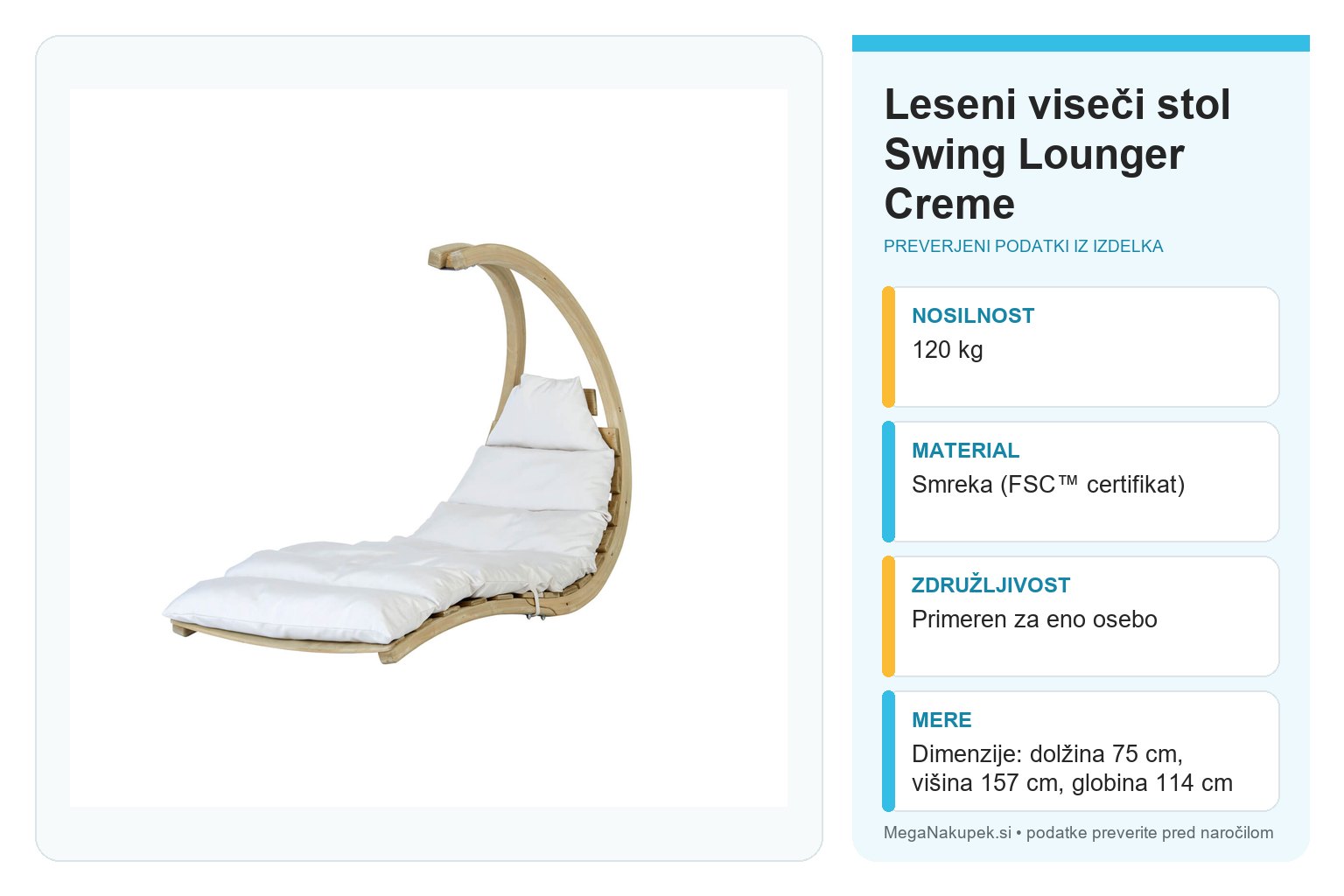 Leseni viseči stol Swing Lounger Creme – infografika s preverjenimi podatki