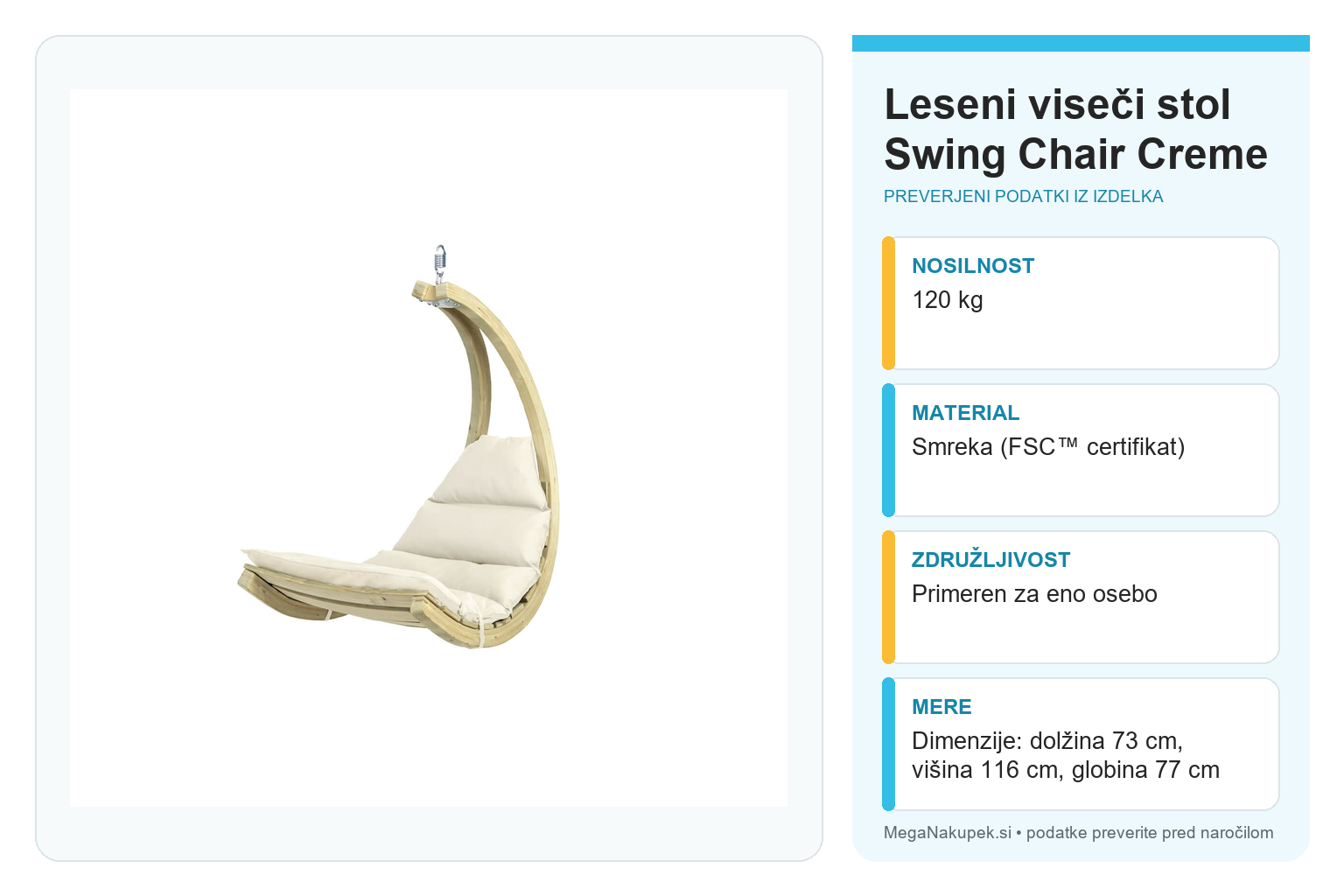 Leseni viseči stol Swing Chair Creme – infografika s preverjenimi podatki