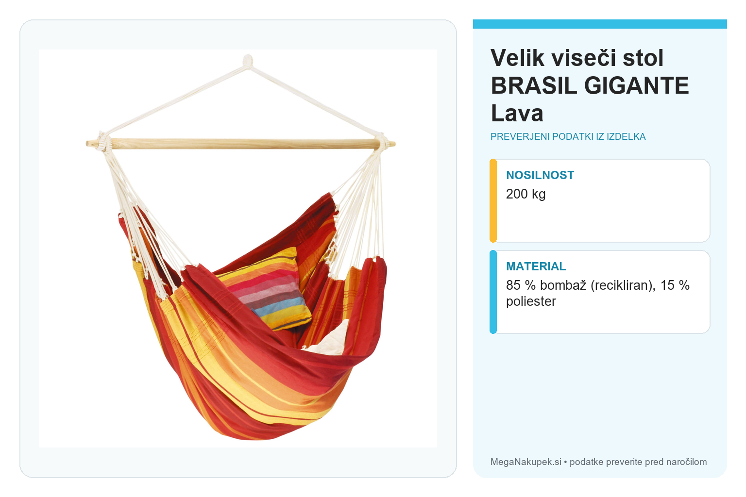 Velik viseči stol BRASIL GIGANTE Lava – infografika s preverjenimi podatki