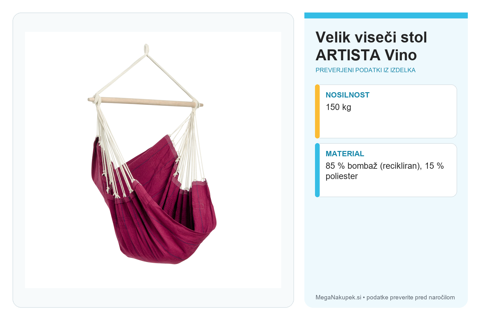 Velik viseči stol ARTISTA Vino – infografika s preverjenimi podatki