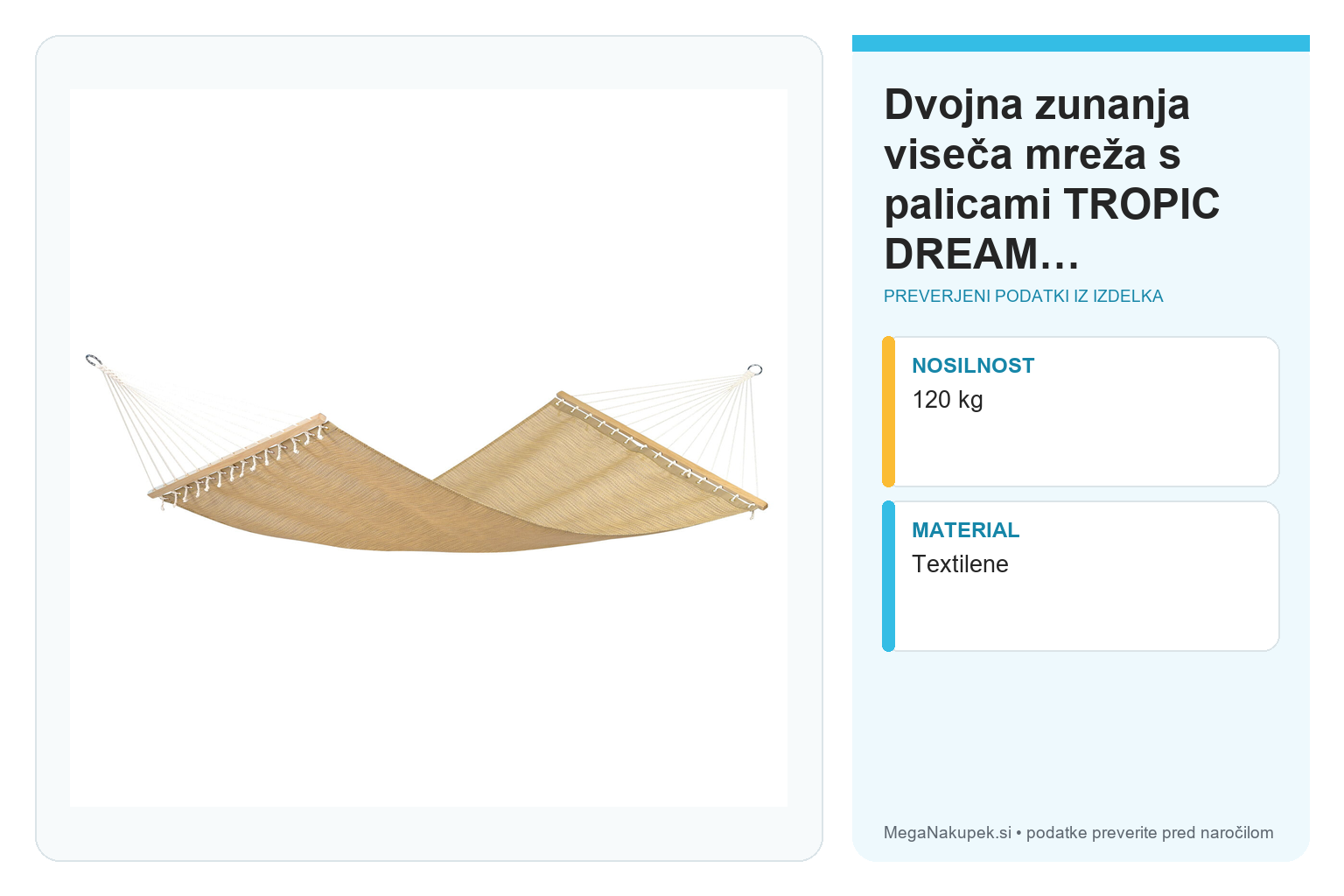 Dvojna zunanja viseča mreža s palicami TROPIC DREAM Textilene – infografika s preverjenimi podatki