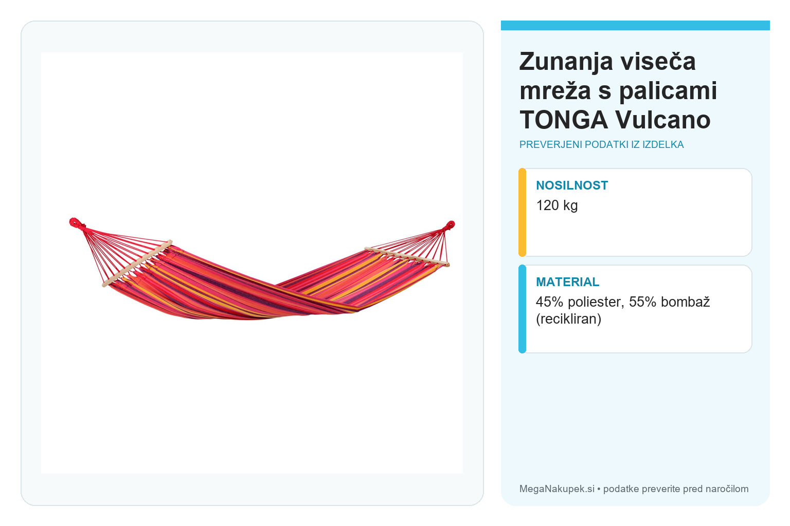 Zunanja viseča mreža s palicami TONGA Vulcano – infografika s preverjenimi podatki