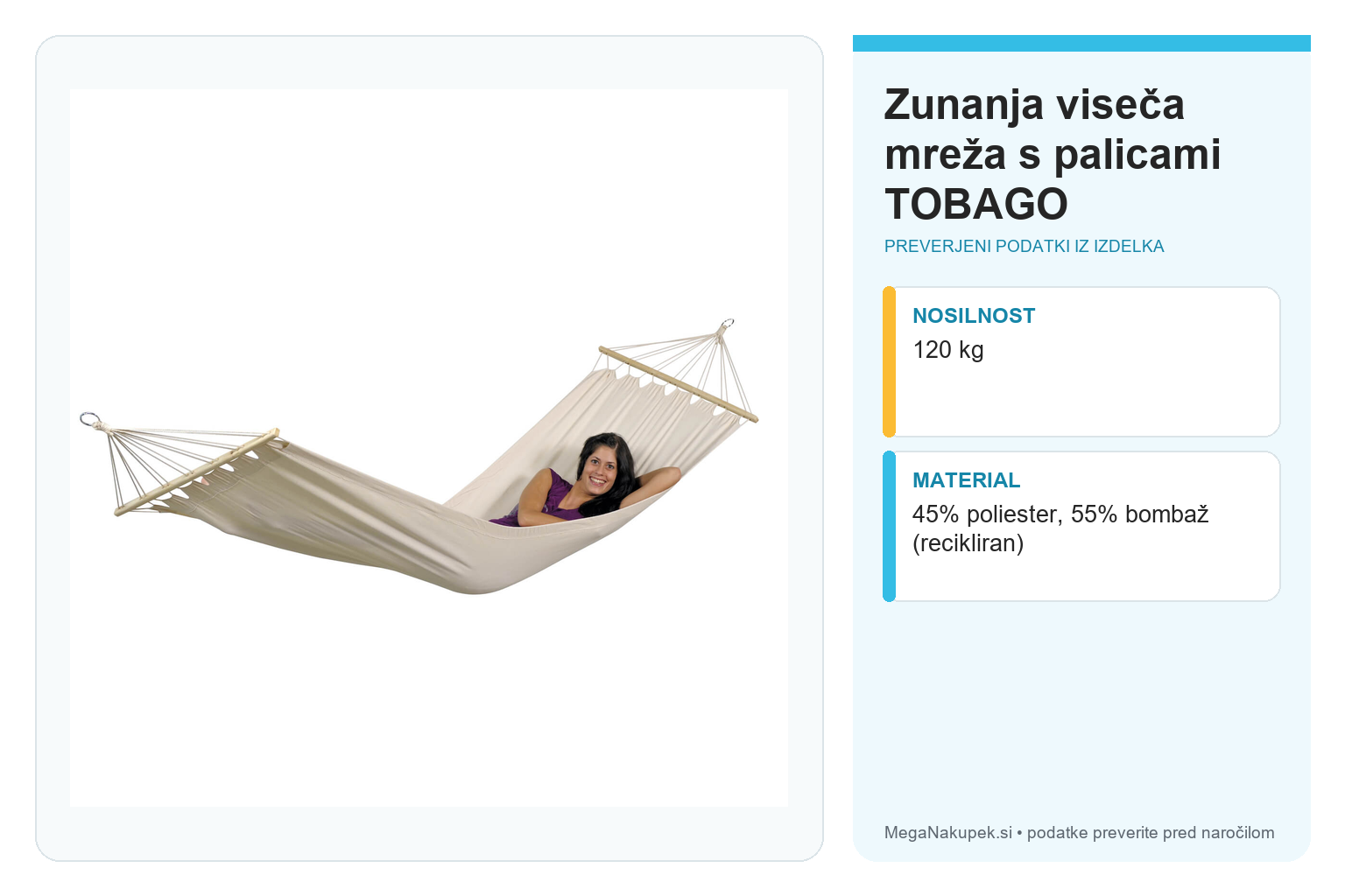 Zunanja viseča mreža s palicami TOBAGO – infografika s preverjenimi podatki