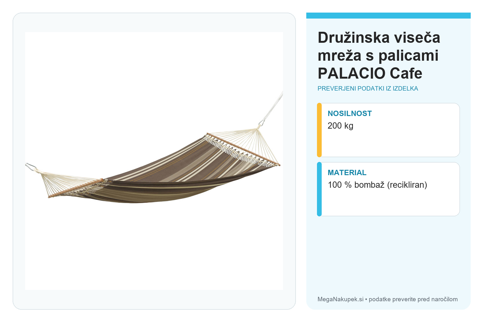 Družinska viseča mreža s palicami PALACIO Cafe – infografika s preverjenimi podatki