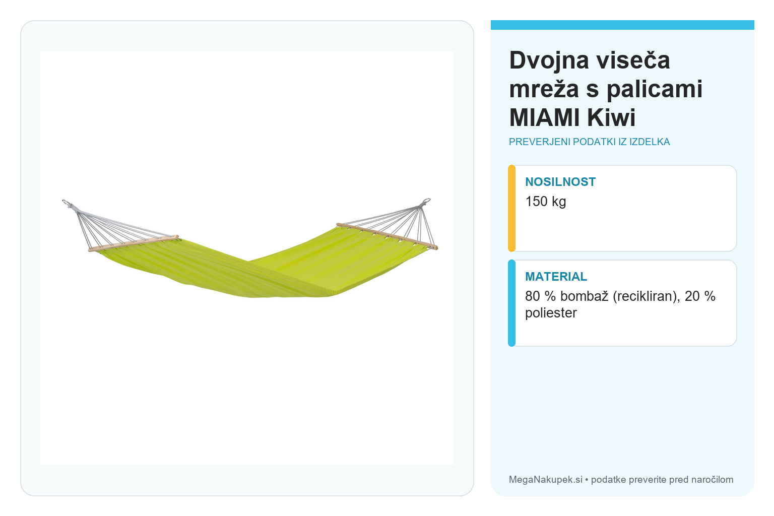 Dvojna viseča mreža s palicami MIAMI Kiwi – infografika s preverjenimi podatki