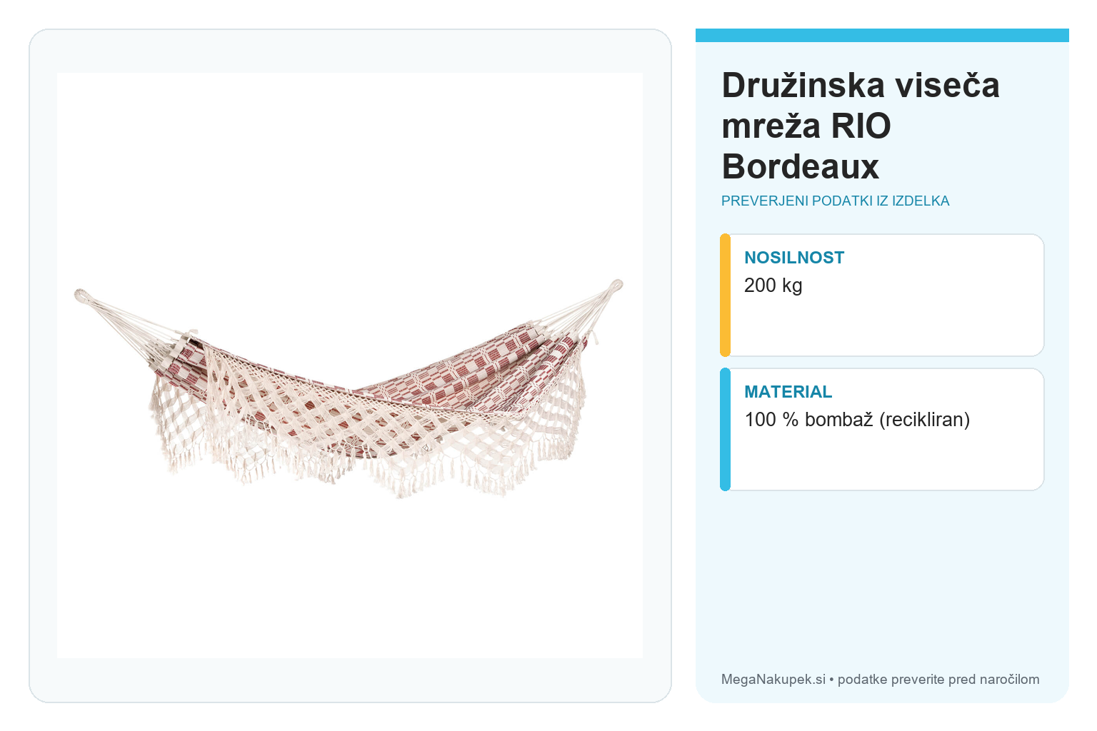 Družinska viseča mreža RIO Bordeaux – infografika s preverjenimi podatki