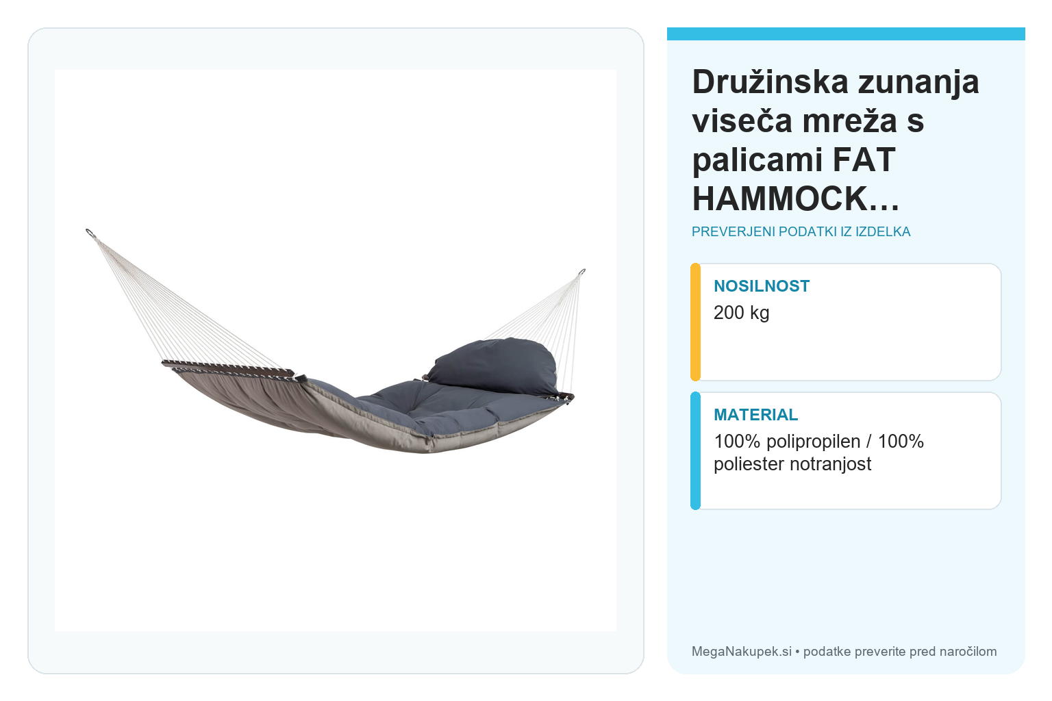 Družinska zunanja viseča mreža s palicami FAT HAMMOCK Taupe – infografika s preverjenimi podatki