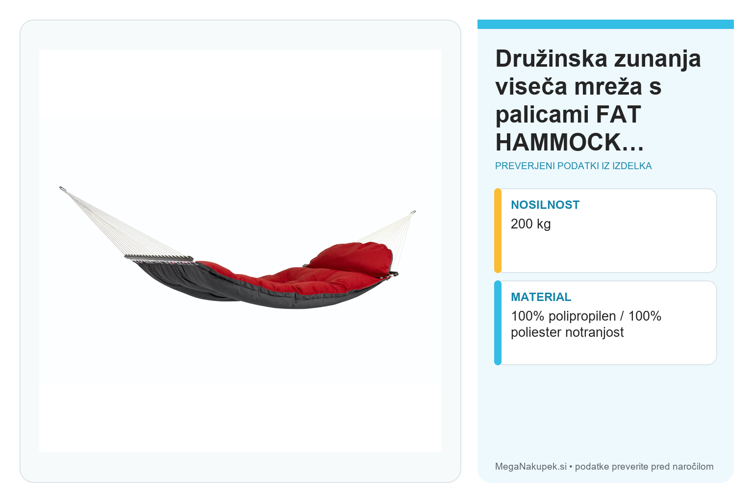 Družinska zunanja viseča mreža s palicami FAT HAMMOCK Red – infografika s preverjenimi podatki