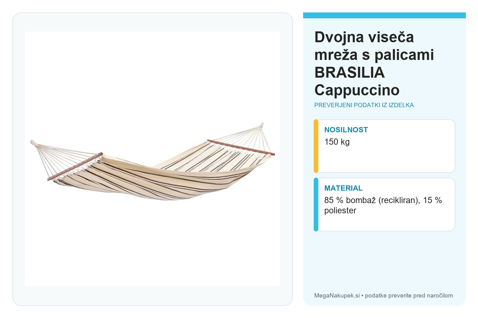 Dvojna viseča mreža s palicami BRASILIA Cappuccino – infografika s preverjenimi podatki