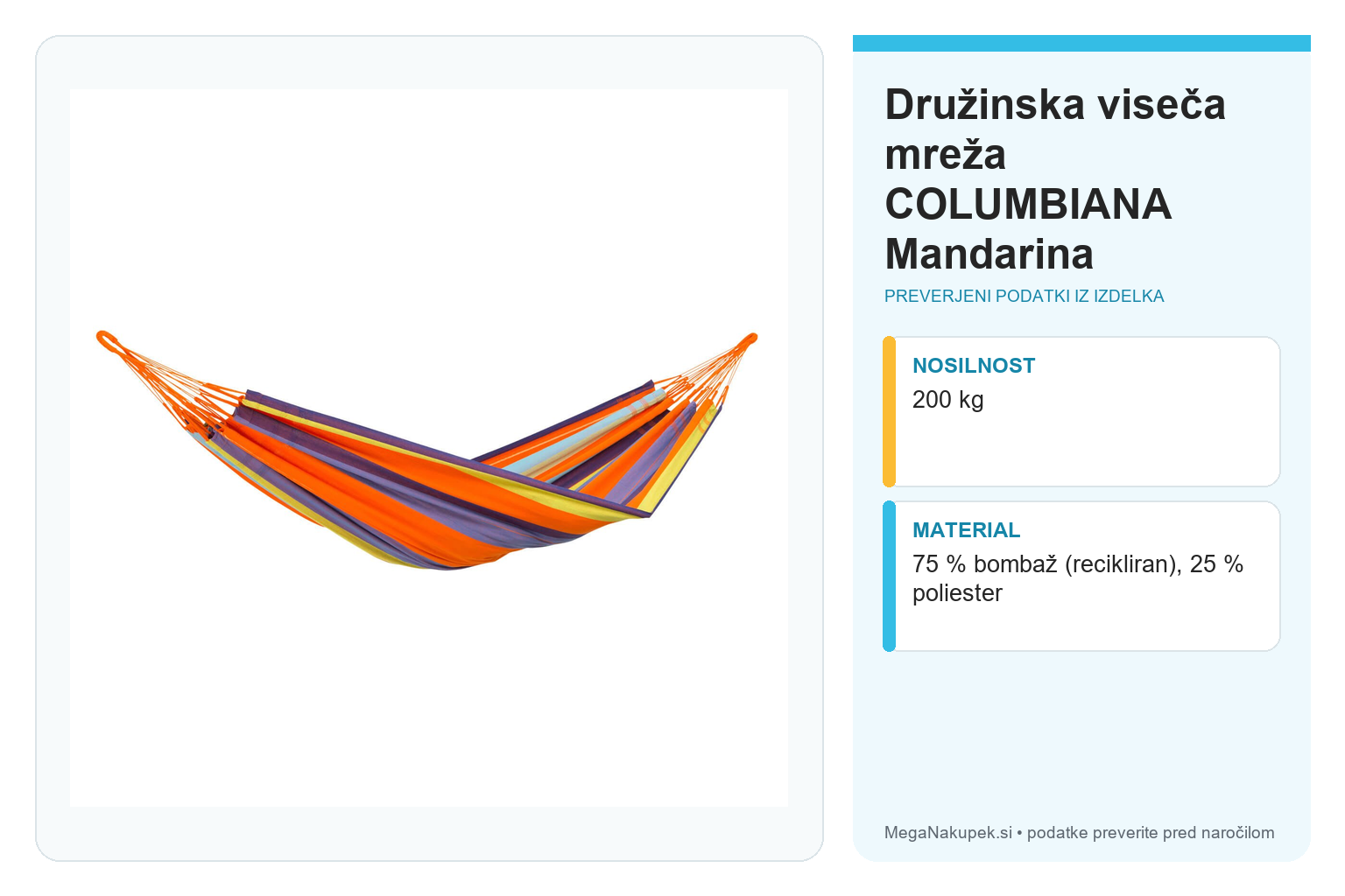 Družinska viseča mreža COLUMBIANA Mandarina – infografika s preverjenimi podatki