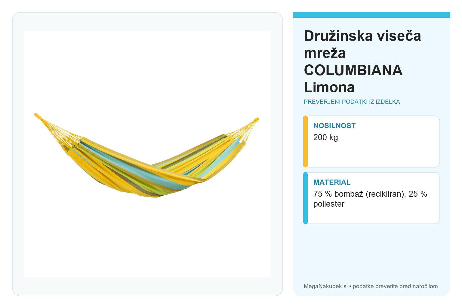 Družinska viseča mreža COLUMBIANA Limona – infografika s preverjenimi podatki