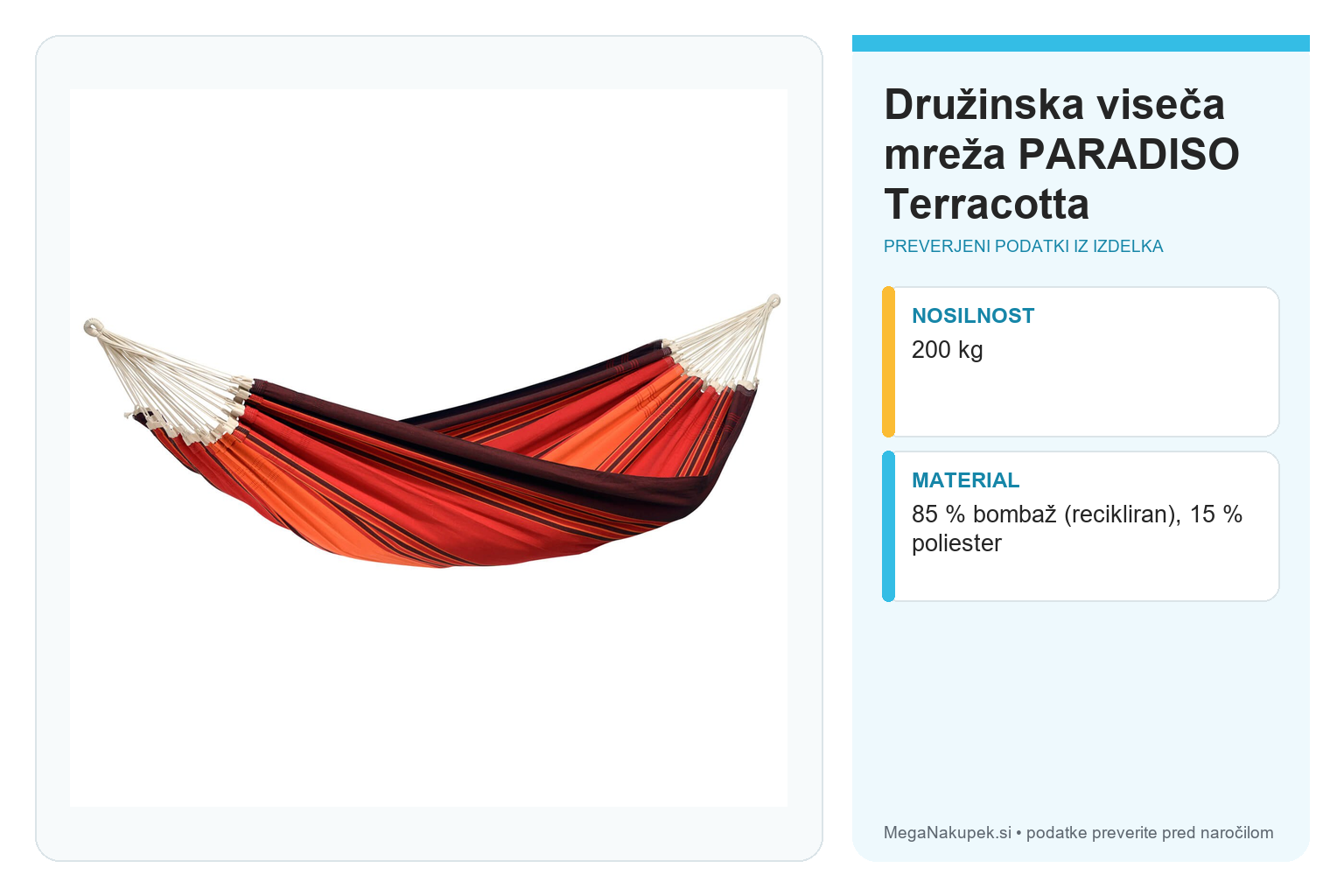 Družinska viseča mreža PARADISO Terracotta – infografika s preverjenimi podatki