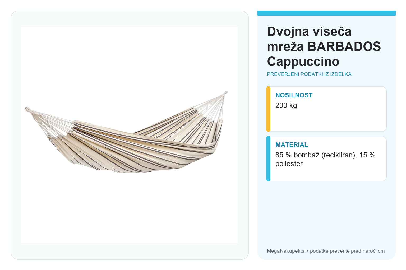 Dvojna viseča mreža BARBADOS Cappuccino – infografika s tehničnimi podatki