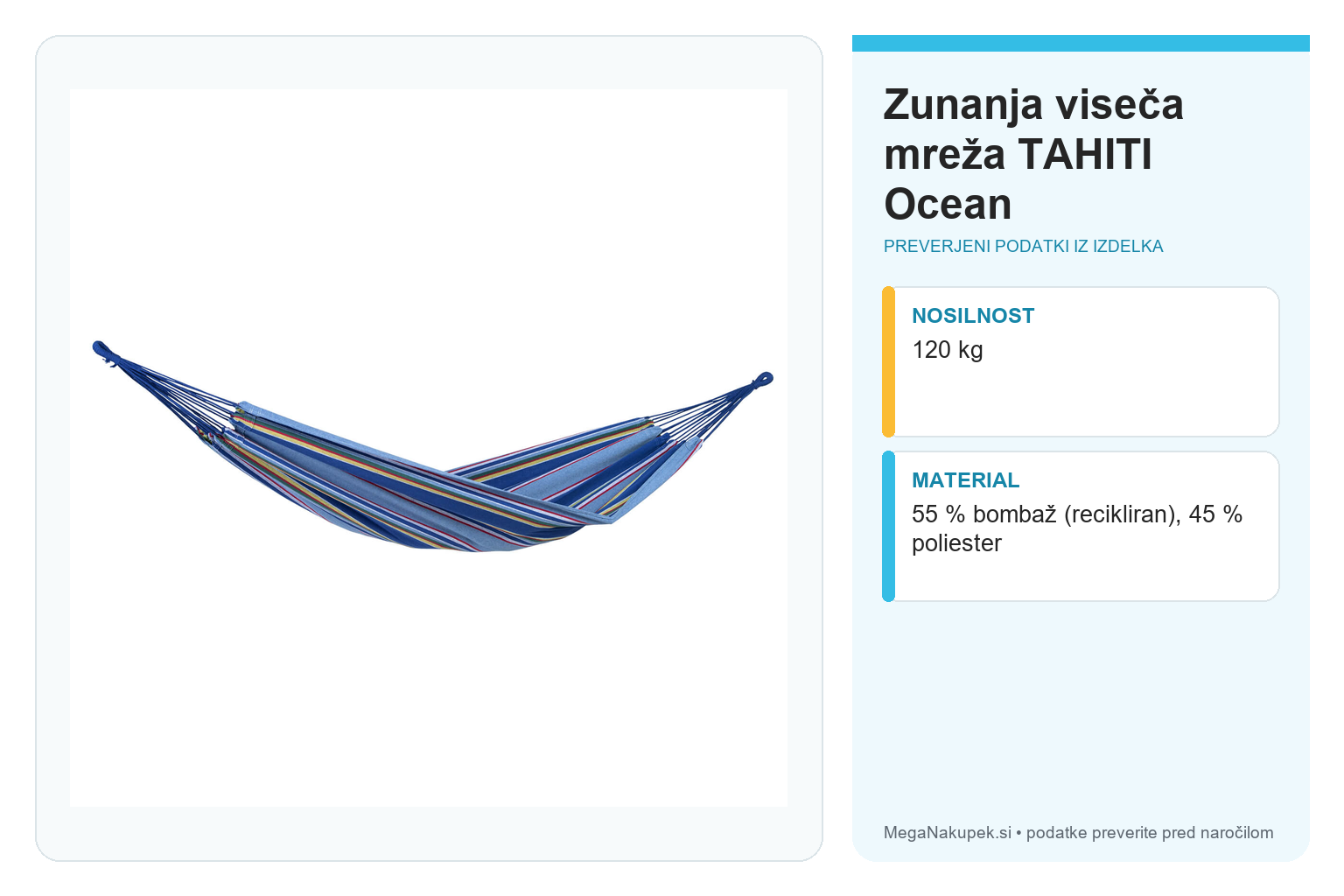 Zunanja viseča mreža TAHITI Ocean – infografika s tehničnimi podatki