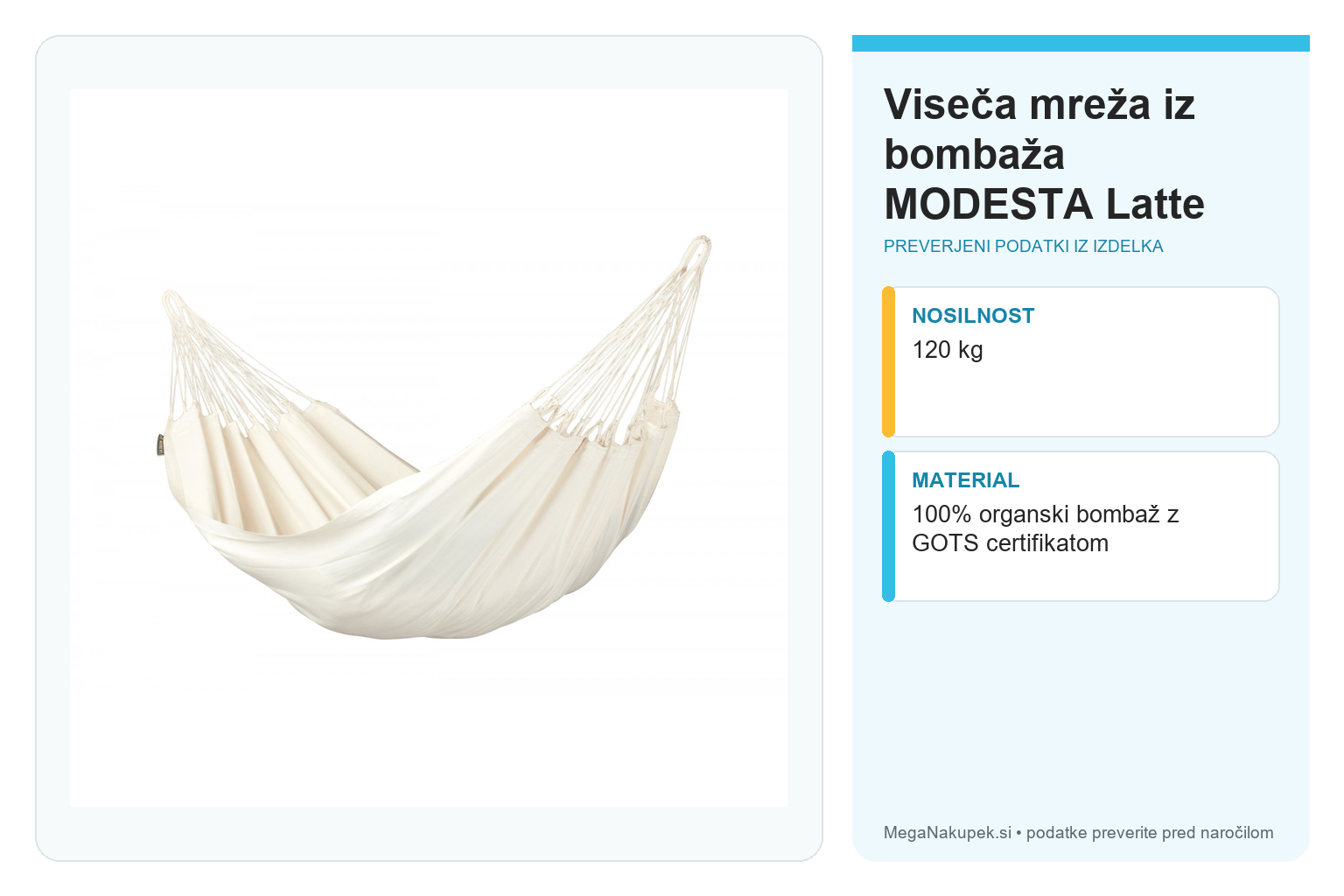 Viseča mreža iz bombaža MODESTA Latte – infografika s preverjenimi podatki