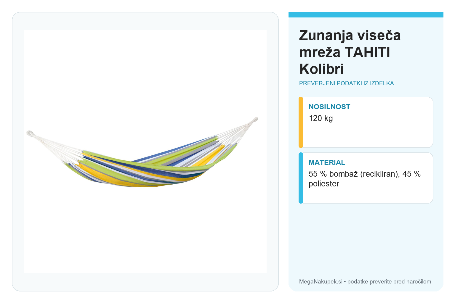 Zunanja viseča mreža TAHITI Kolibri – infografika s preverjenimi podatki
