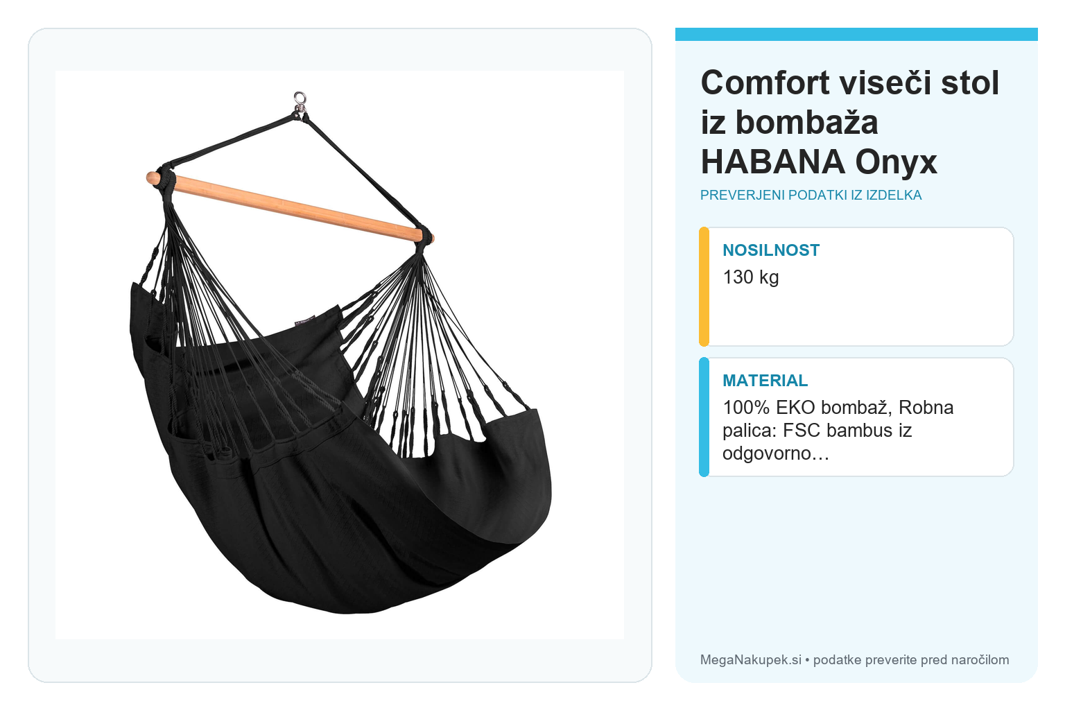 Comfort viseči stol iz bombaža HABANA Onyx – infografika s preverjenimi podatki