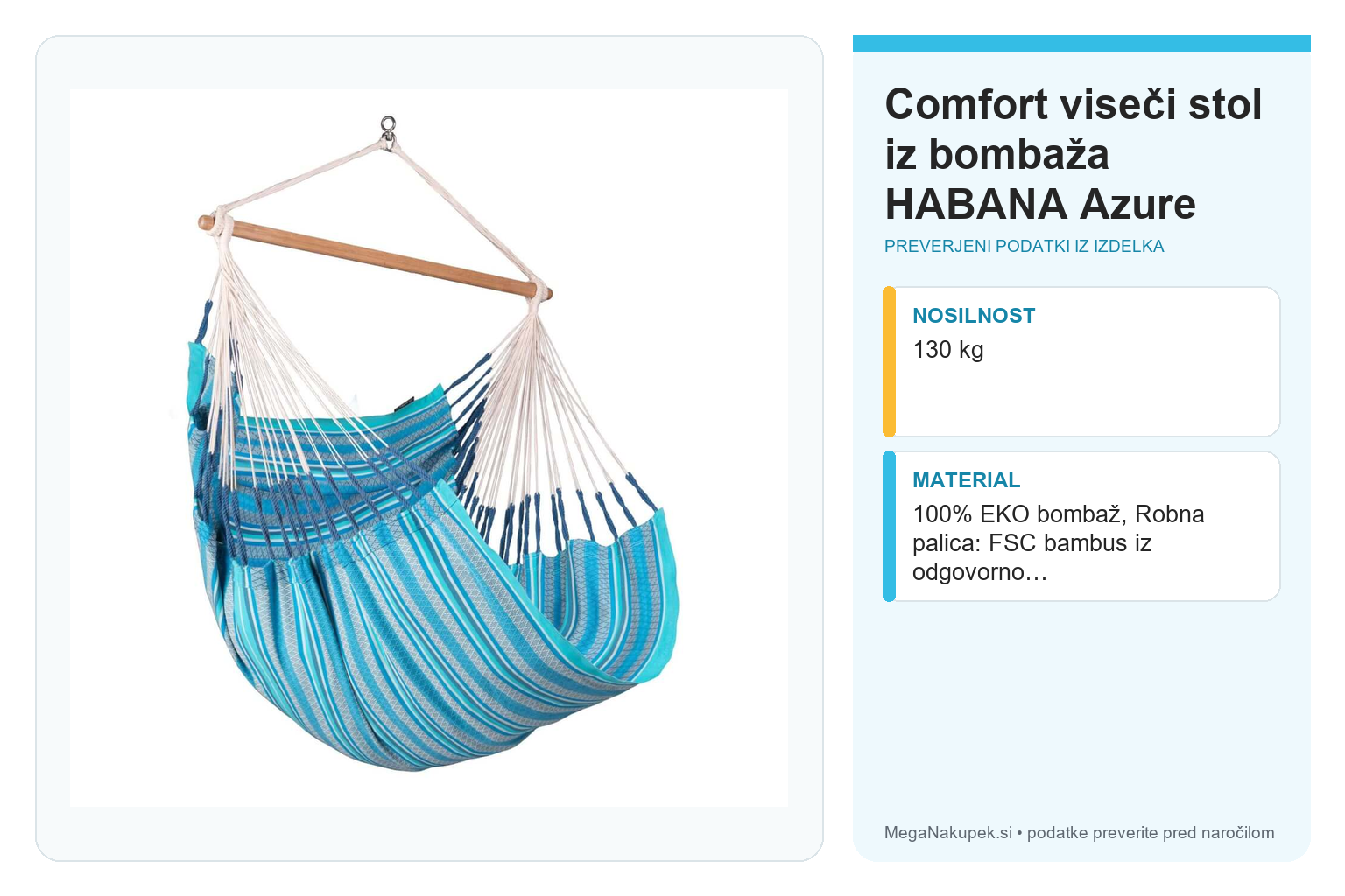 Comfort viseči stol iz bombaža HABANA Azure – infografika s preverjenimi podatki
