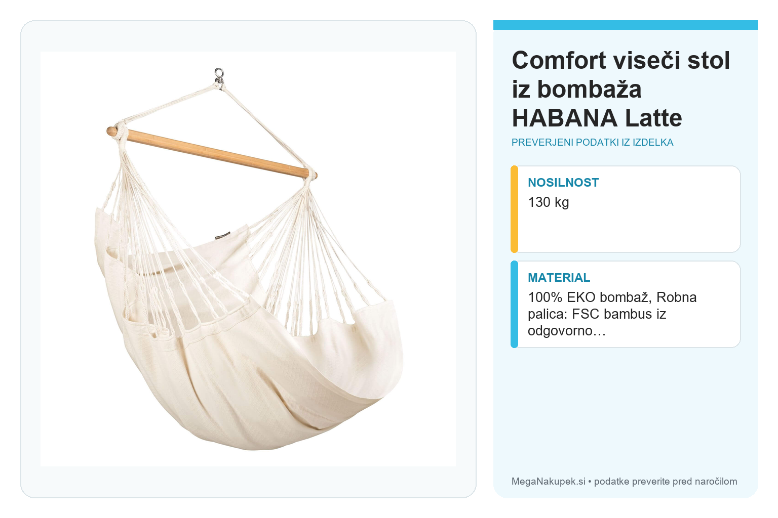 Comfort viseči stol iz bombaža HABANA Latte – infografika s preverjenimi podatki