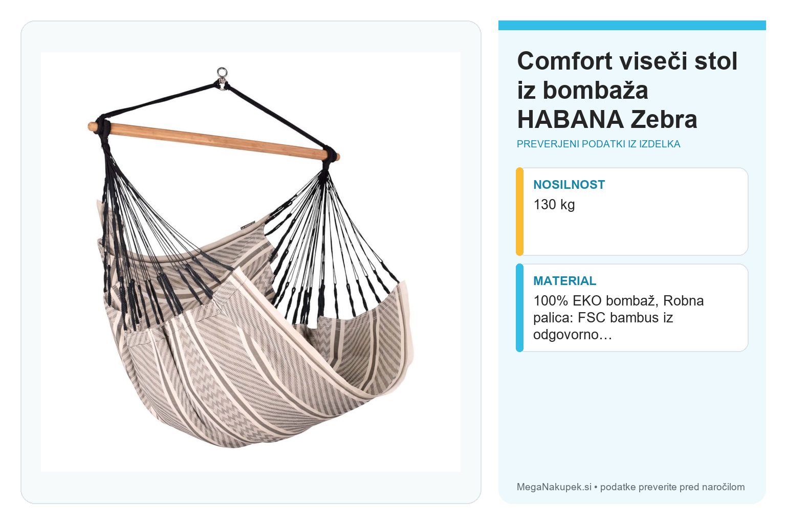 Comfort viseči stol iz bombaža HABANA Zebra – infografika s tehničnimi podatki