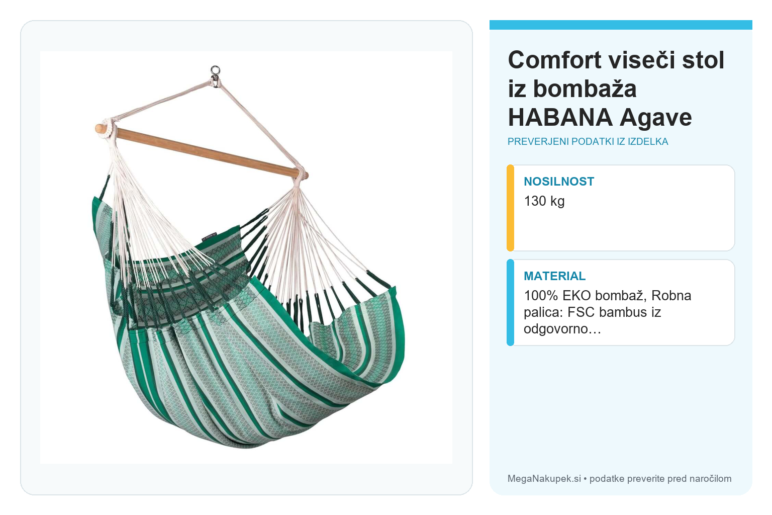Comfort viseči stol iz bombaža HABANA Agave – infografika s tehničnimi podatki