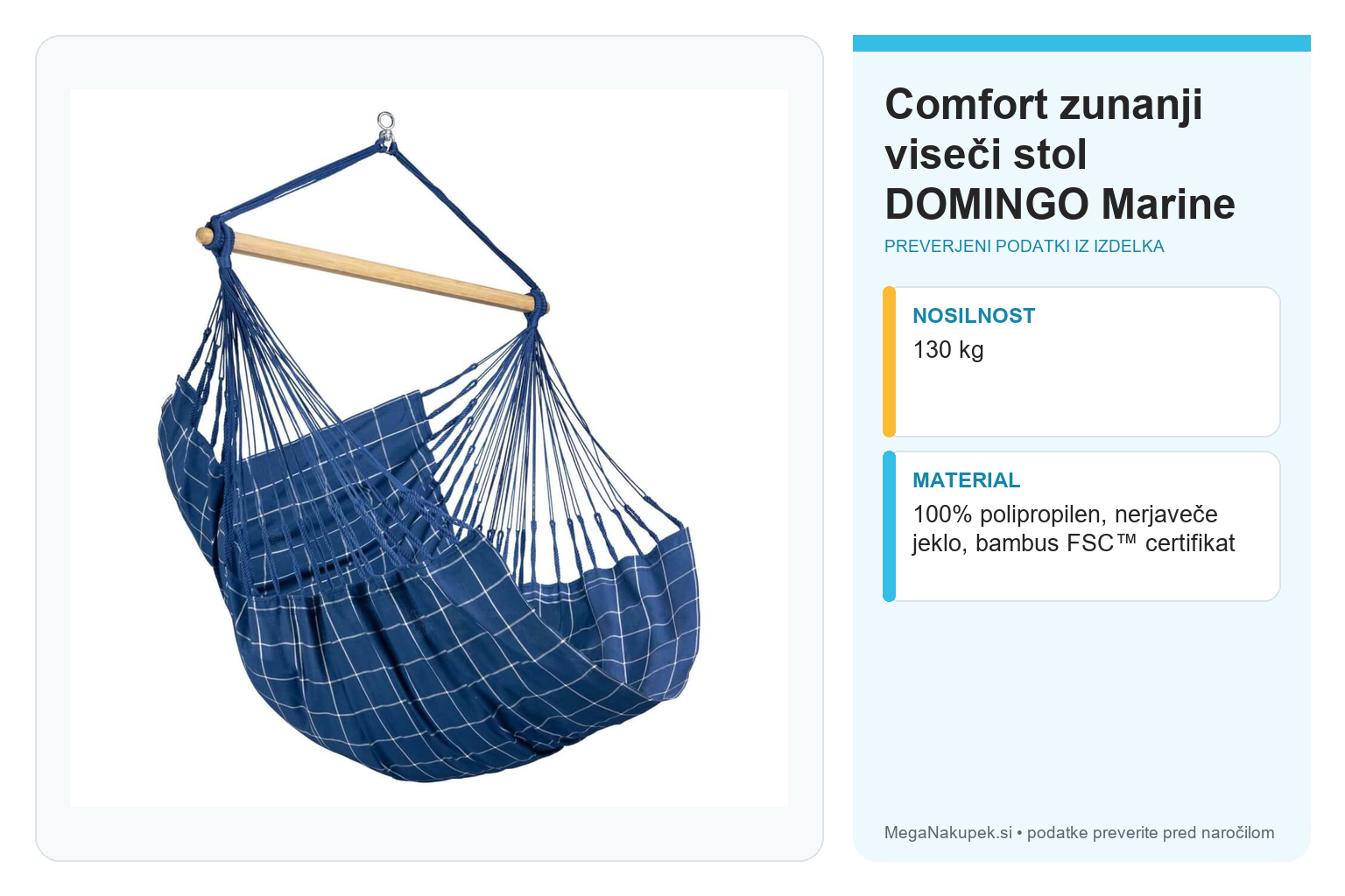 Comfort zunanji viseči stol DOMINGO Marine – infografika s tehničnimi podatki