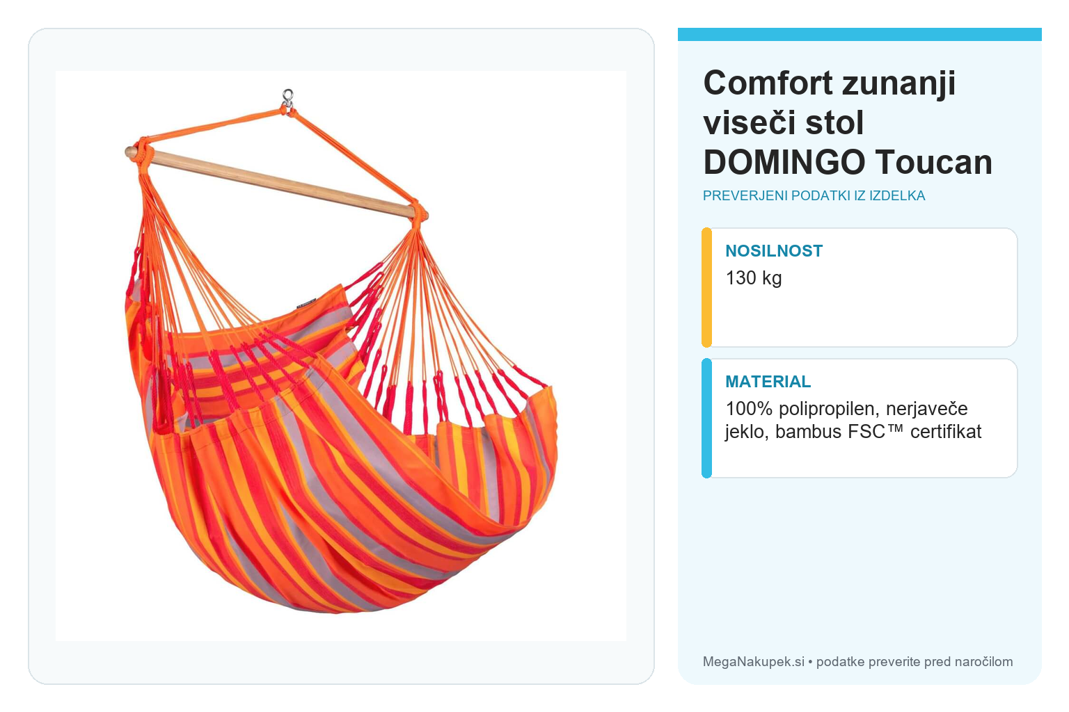Comfort zunanji viseči stol DOMINGO Toucan – infografika s tehničnimi podatki