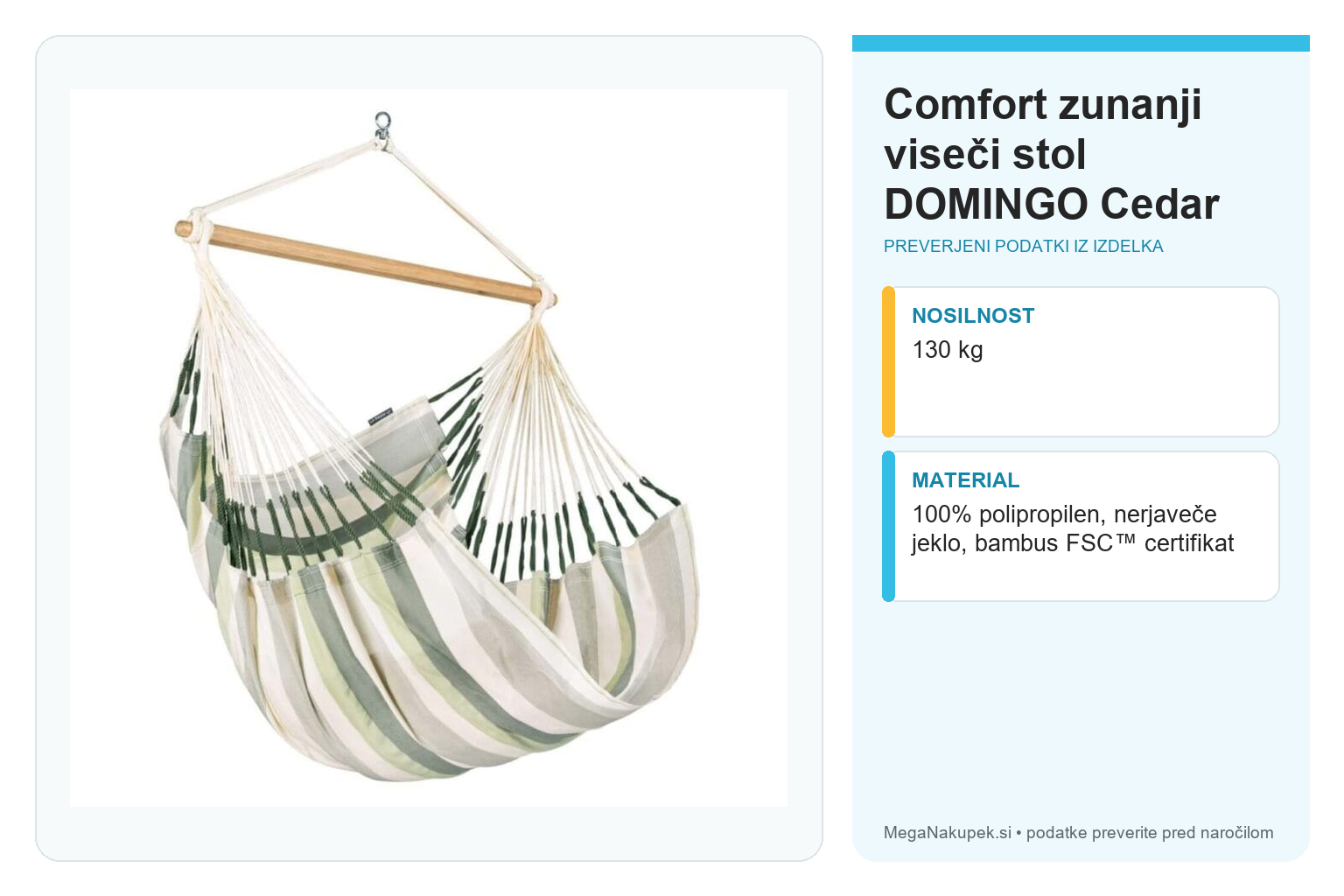 Comfort zunanji viseči stol DOMINGO Cedar – infografika s preverjenimi podatki