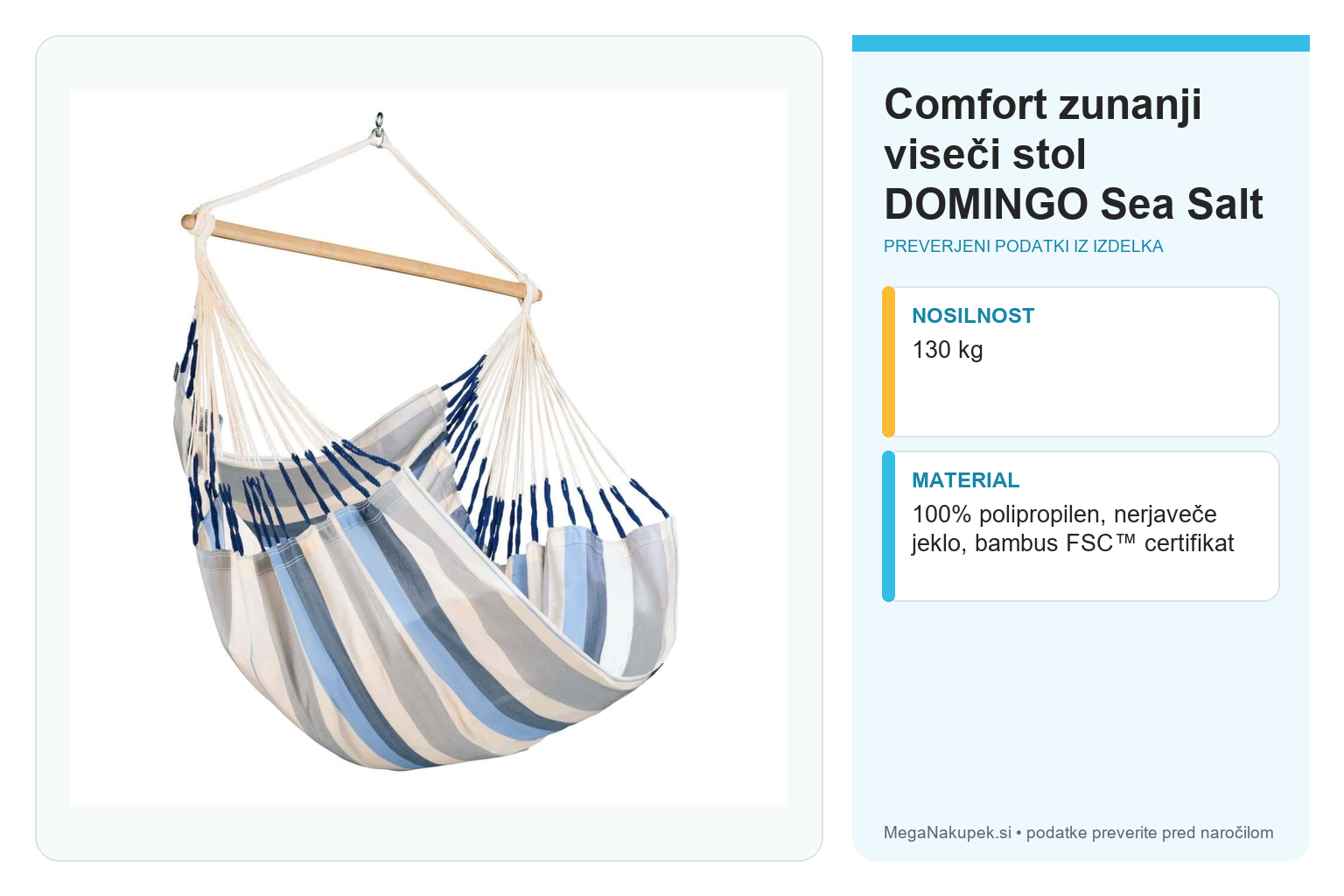 Comfort zunanji viseči stol DOMINGO Sea Salt – infografika s preverjenimi podatki