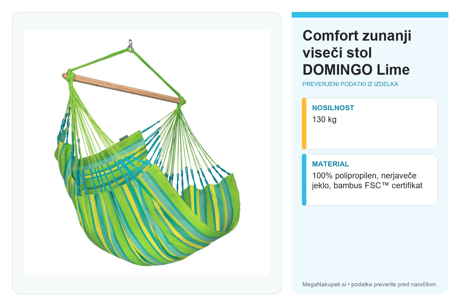 Comfort zunanji viseči stol DOMINGO Lime – infografika s preverjenimi podatki