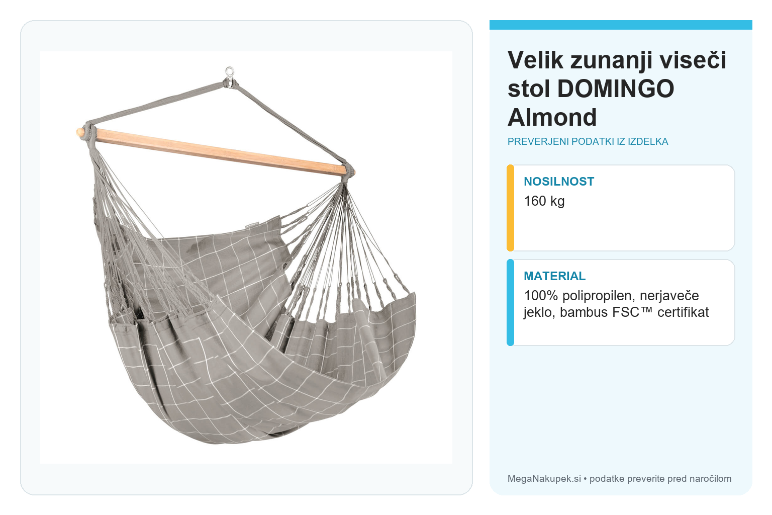 Velik zunanji viseči stol DOMINGO Almond – infografika s preverjenimi podatki
