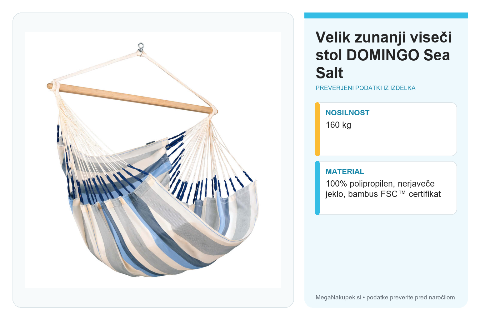 Velik zunanji viseči stol DOMINGO Sea Salt – infografika s preverjenimi podatki