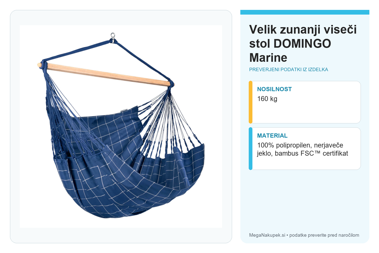 Velik zunanji viseči stol DOMINGO Marine – infografika s preverjenimi podatki