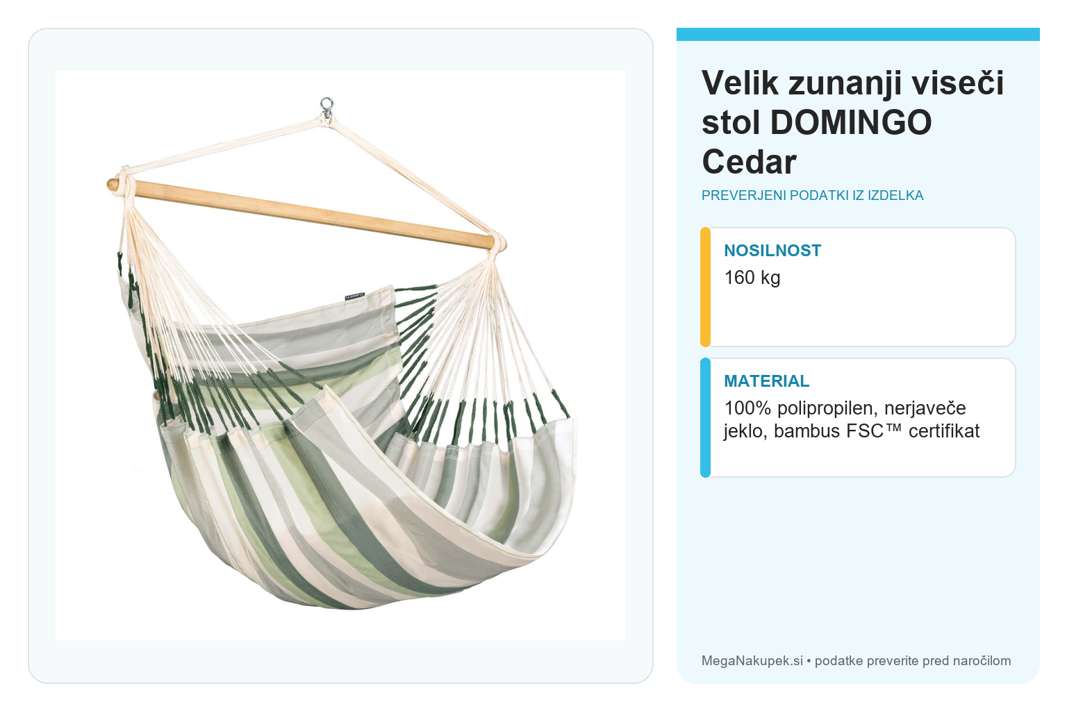 Velik zunanji viseči stol DOMINGO Cedar – infografika s preverjenimi podatki