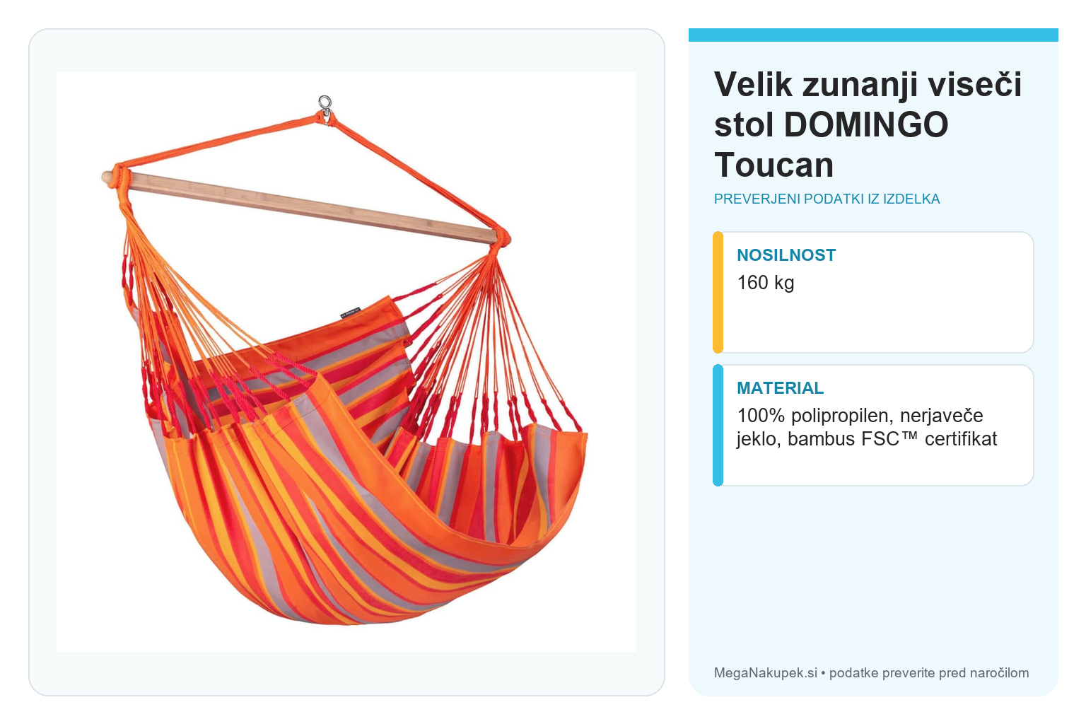 Velik zunanji viseči stol DOMINGO Toucan – infografika s preverjenimi podatki