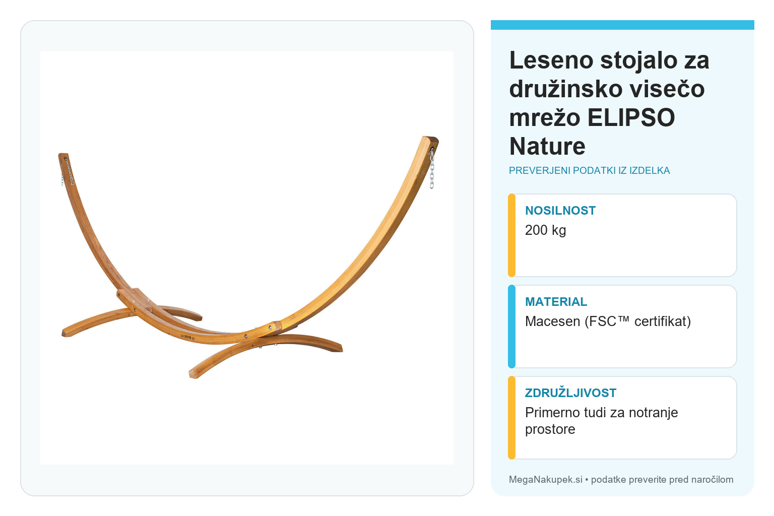 Leseno stojalo za družinsko visečo mrežo ELIPSO Nature – infografika s preverjenimi podatki