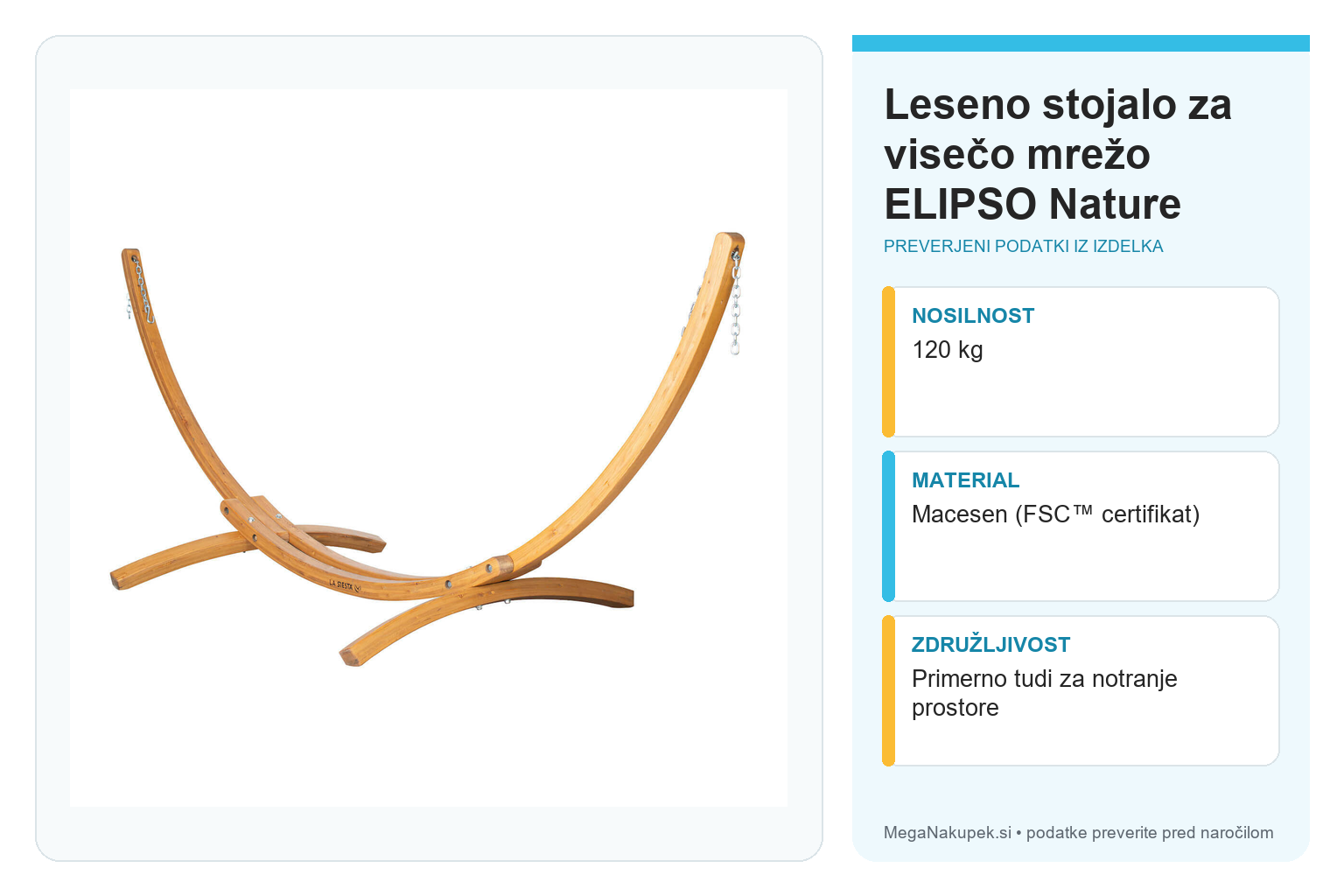 Leseno stojalo za visečo mrežo ELIPSO Nature – infografika s preverjenimi podatki