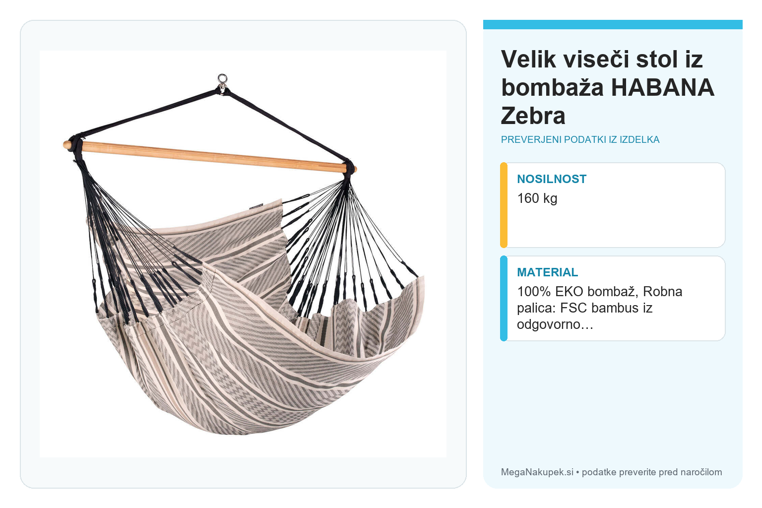 Velik viseči stol iz bombaža HABANA Zebra – infografika s preverjenimi podatki