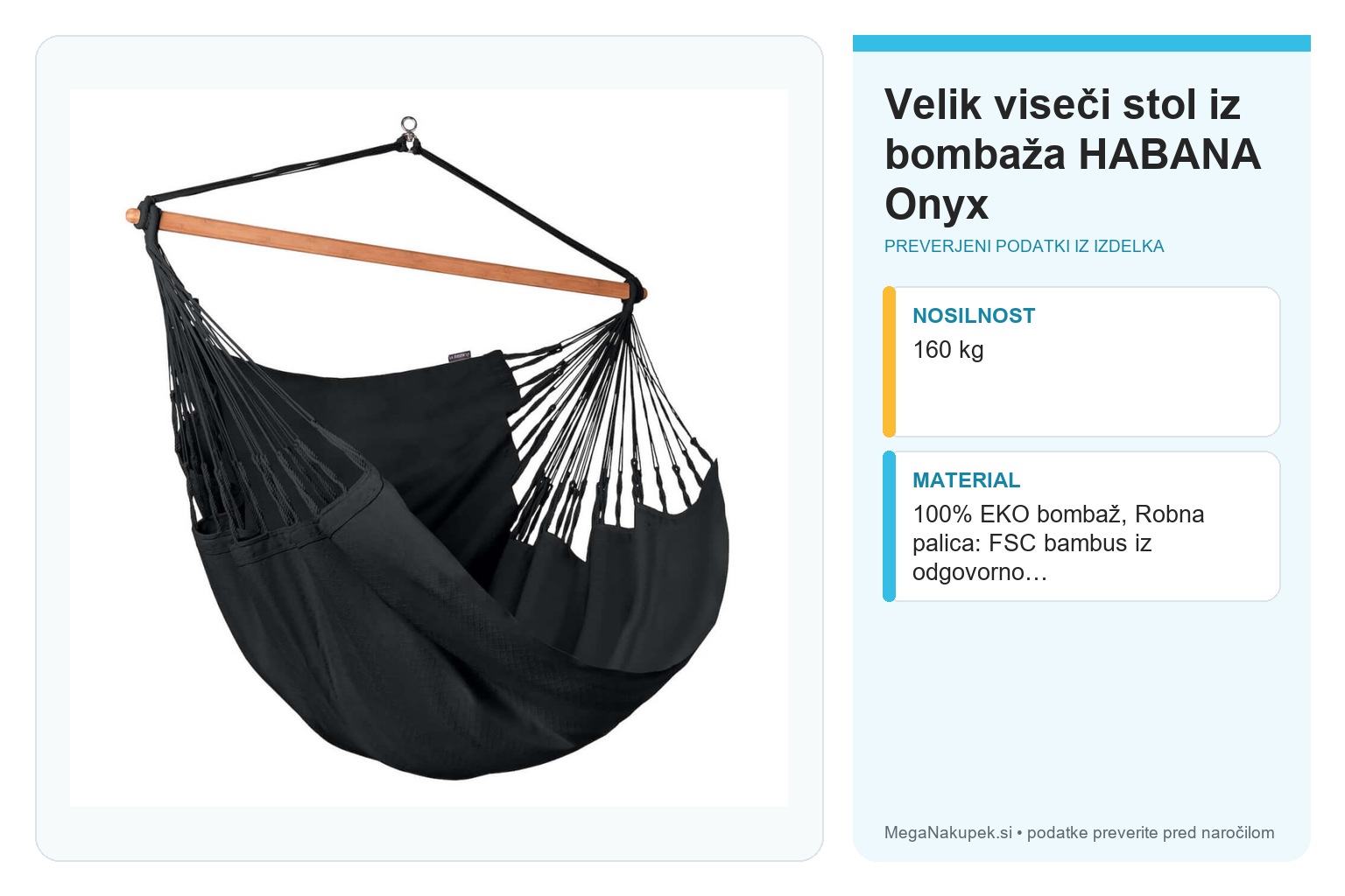 Velik viseči stol iz bombaža HABANA Onyx – infografika s preverjenimi podatki